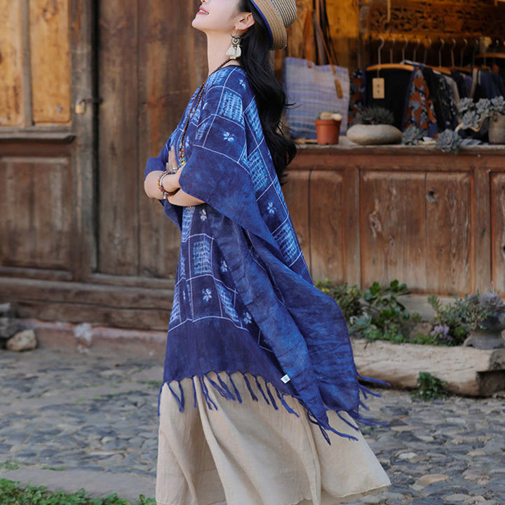 Jersey suave con borlas y chal a cuadros con bloques de Color azul de Buddha Stones 90*95cm