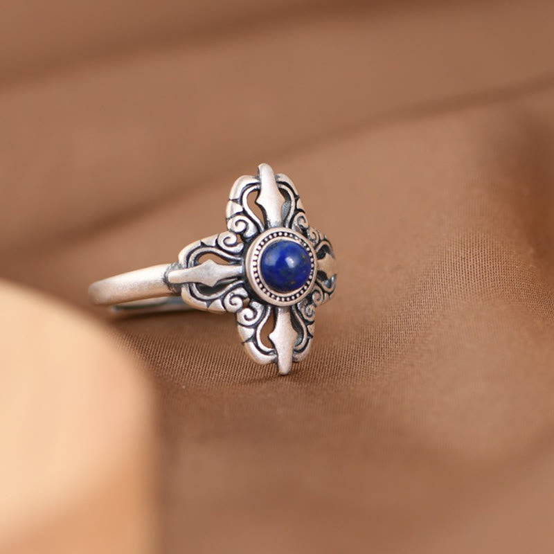 Anillo ajustable positivo de lazurita natural de plata de ley 925 con Buddha Stones del Tíbet