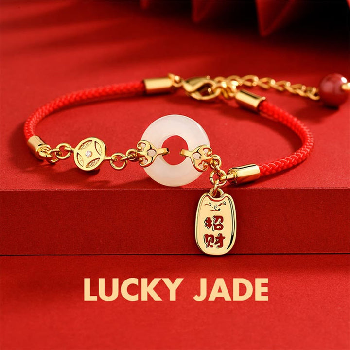 Pulsera de bendición con dije de fortuna y moneda de cobre con hebilla de paz de Jade blanco y Buddha Stones