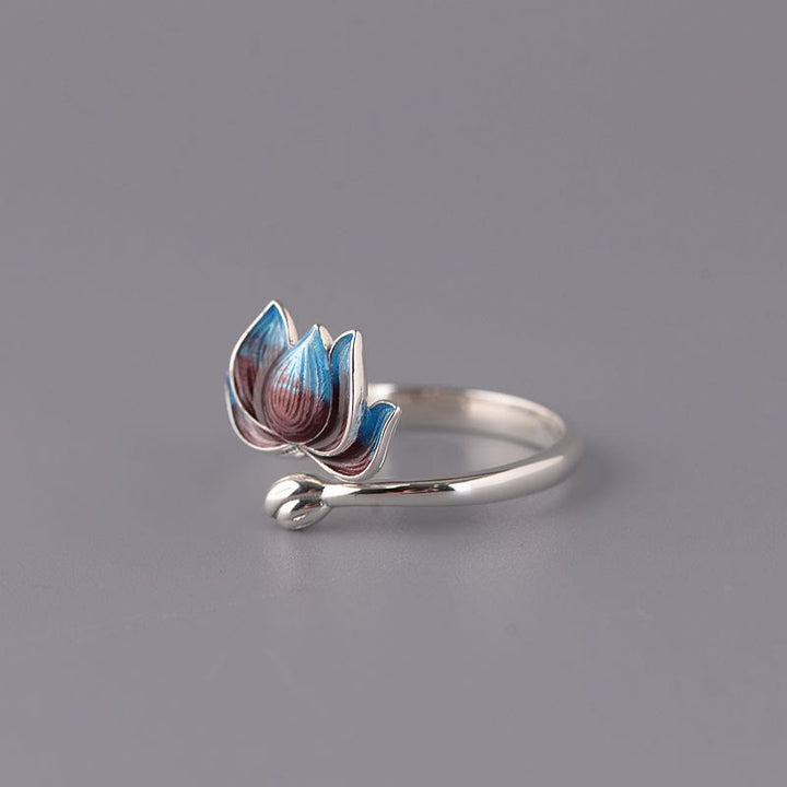 Anillo ajustable de flor de loto de plata de ley 925 con Buddha Stones