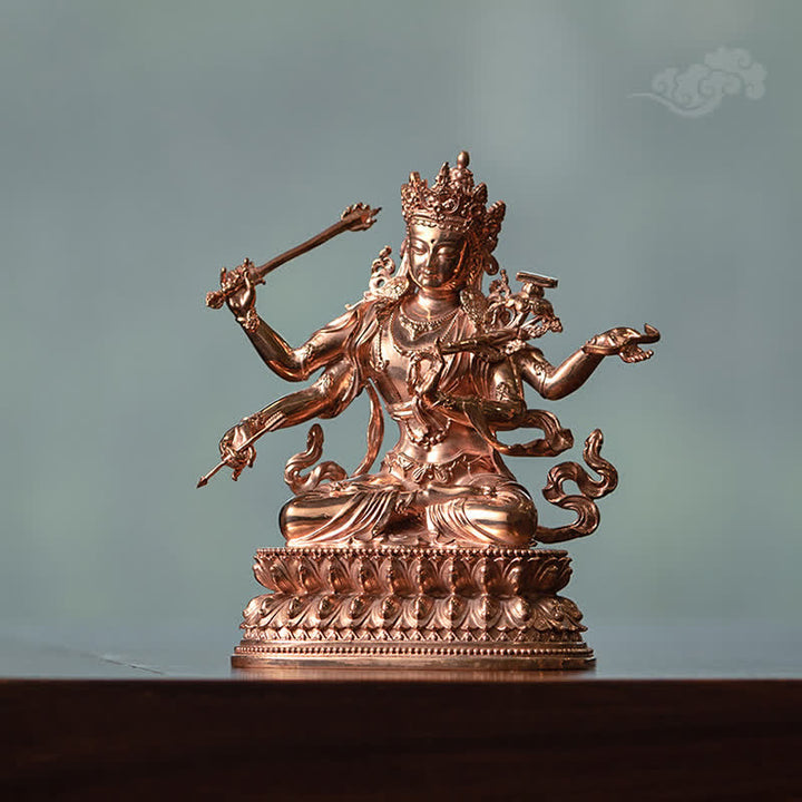 Estatuilla de Bodhisattva Manjusri de cuatro brazos, decoración de estatua de cobre de serenidad