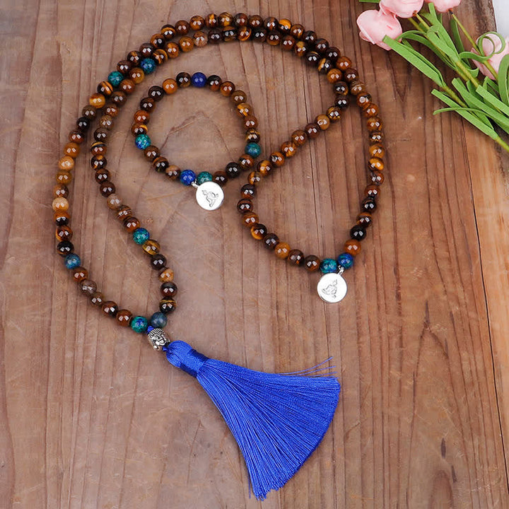 Buddha Stones 108 cuentas Mala, ojo de tigre, pulsera de fuerza de Buda, colgante de collar con borlas
