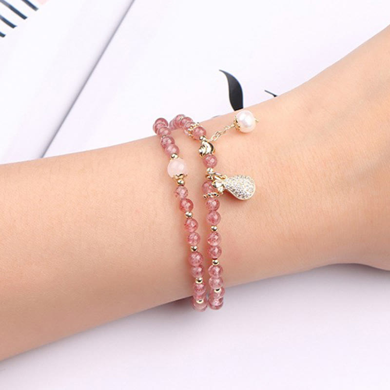 Pulsera de doble envoltura con dije positivo para bolsa de dinero de cuarzo fresa con Buddha Stones