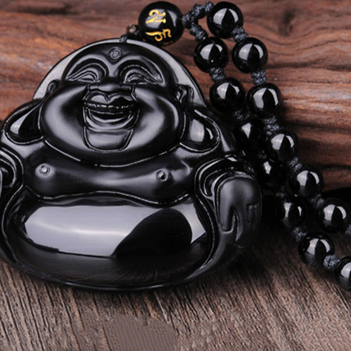 Collar con colgante de transformación de obsidiana negra de Buda sonriente con Buddha Stones - image 5