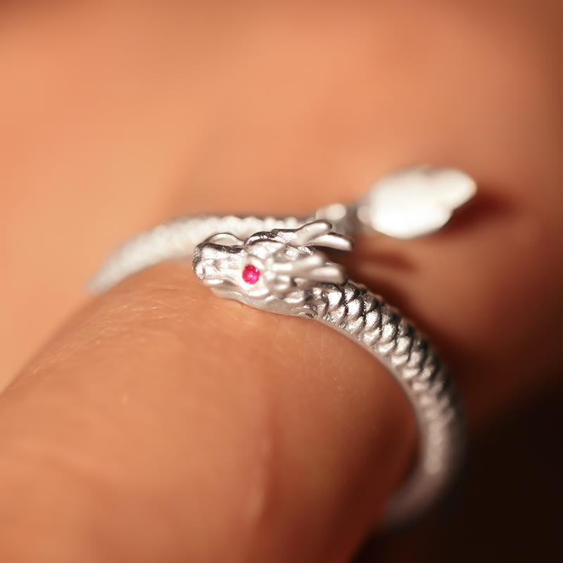 Anillo ajustable de plata de ley 925 con Buddha Stones , diseño vintage del Año del Dragón, protección de la suerte
