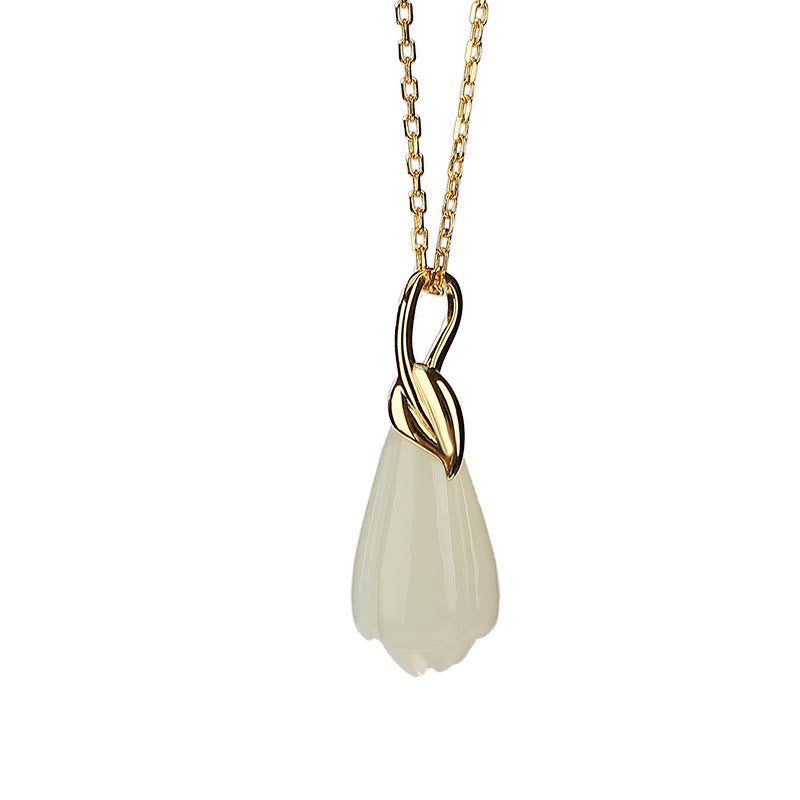 Buddha Stones , colgante de collar de abundancia de flor de Magnolia de Jade hetiano Natural chapado en plata de ley 925