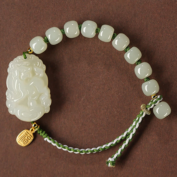 Pulsera de plata de ley 925 con zodíaco chino, jade hetiano, felicidad, suerte