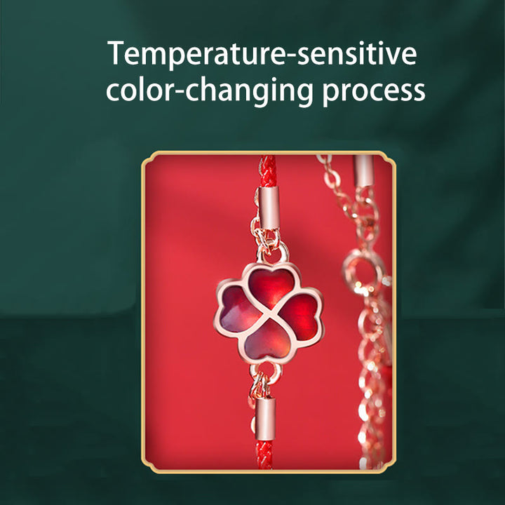 Pulsera de hilo rojo con protección de la suerte de trébol de cuatro hojas que cambia de color de plata de ley 925 con Buddha Stones