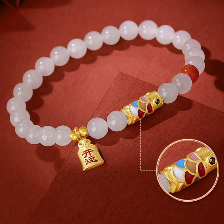 Pulsera de plata de ley 925 con Buddha Stones , jade blanco hetiano, ágata roja, pez Koi, suerte y felicidad
