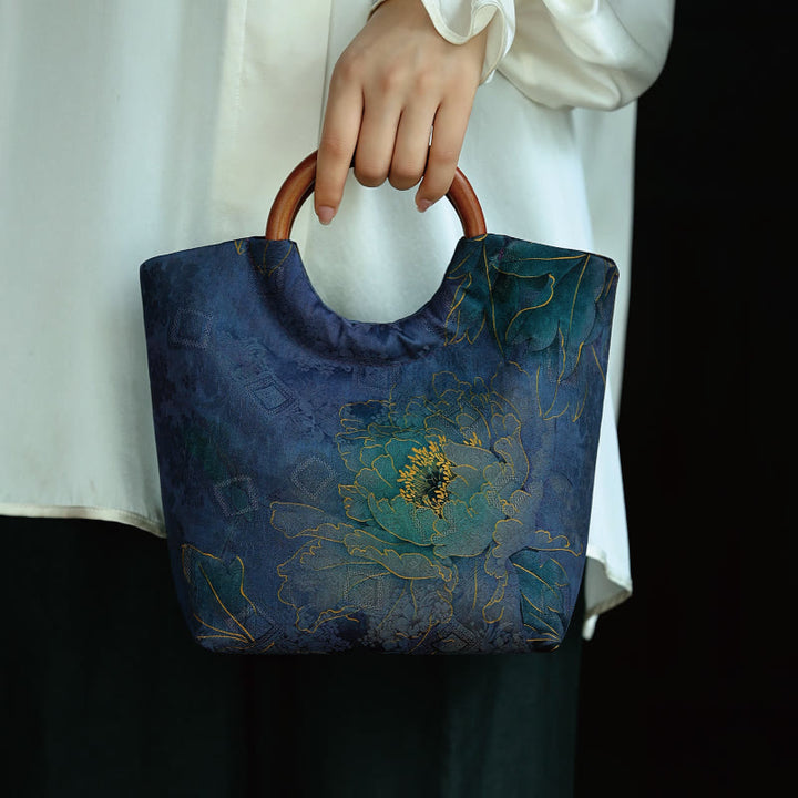 Bolso de mano con mango de madera maciza, Buddha Stones , flor de peonía, hojas de bambú, pájaro