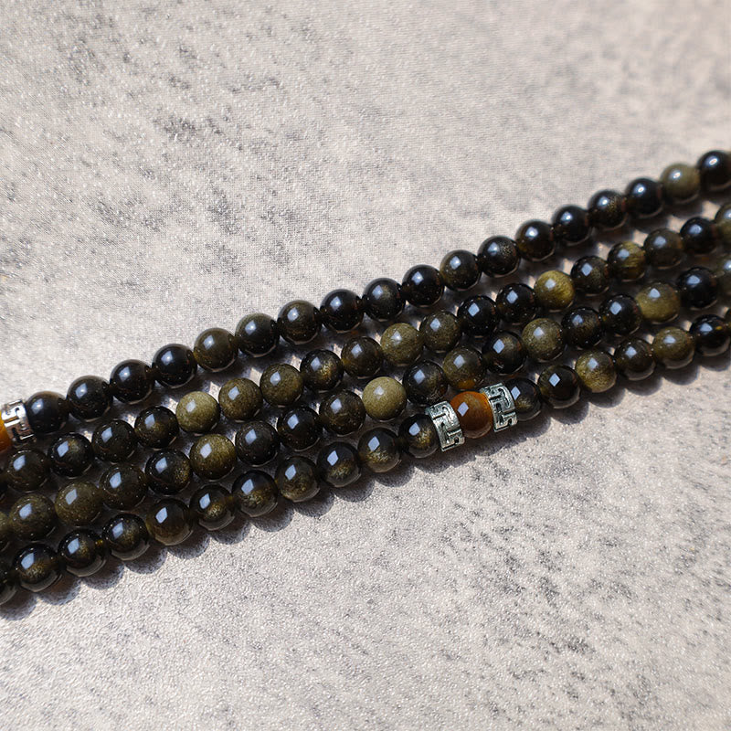 Collar Pulsera Energía Obsidiana Dorada