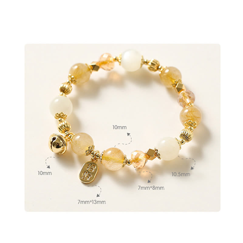 Pulsera con amuleto de la fortuna de la suerte, campana de la riqueza, cuarzo rutilado dorado, chapado en oro de 14 quilates con Buddha Stones