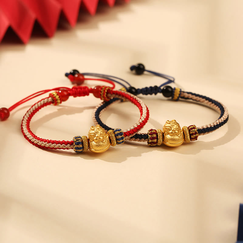 Pulsera trenzada hecha a mano con Buddha Stones de plata de ley 925 con dragón bebé, fuerza de la suerte