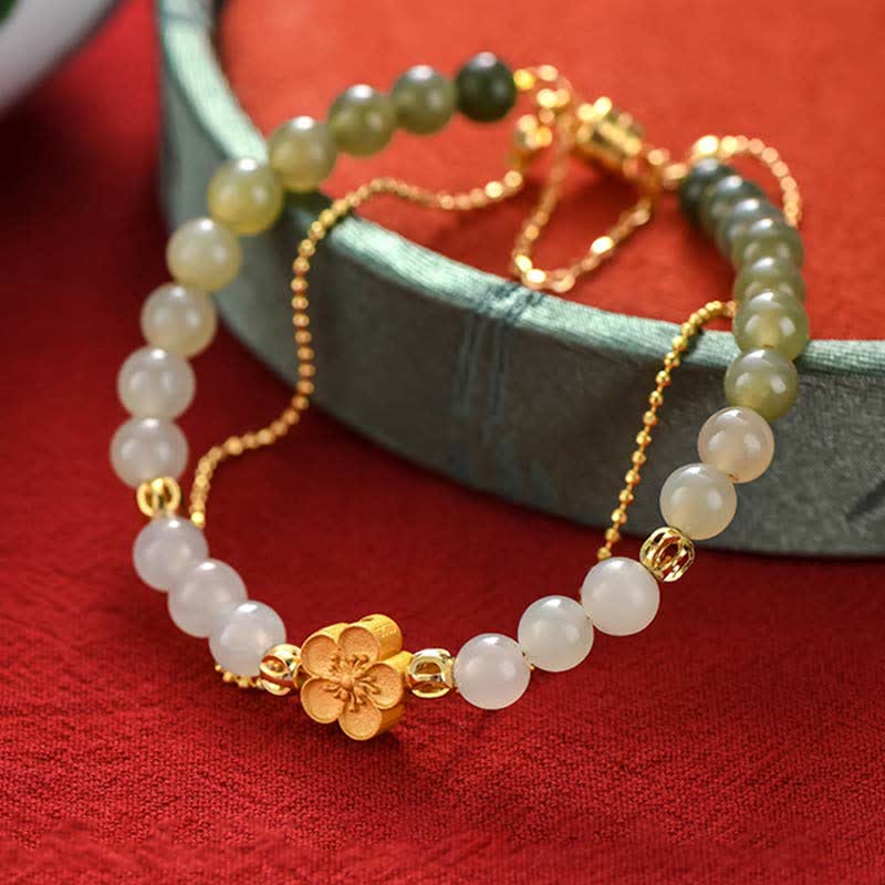 Pulsera de cadena de la suerte de flor de melocotón de jade hetiano natural de plata de ley 925 con Buddha Stones