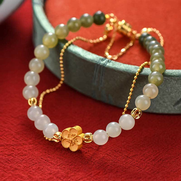 Pulsera de cadena de la suerte de flor de melocotón de jade hetiano natural de plata de ley 925 con Buddha Stones