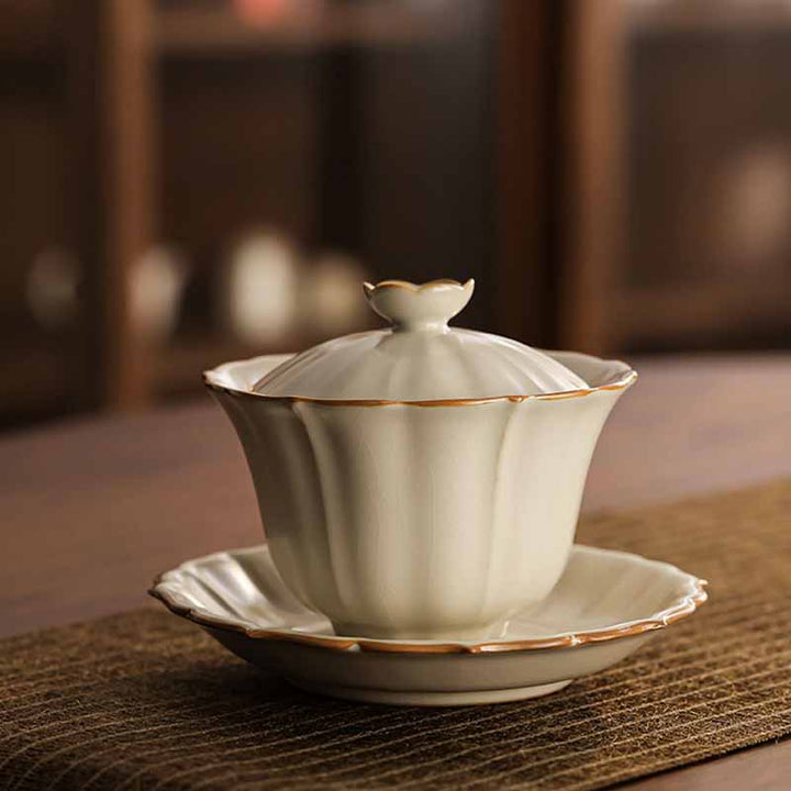 Buddha Stones, forma de flor de ciruelo Beige, rama de melocotón, taza de té de cerámica Gaiwan Sancai, taza de té de Kung Fu con tapa