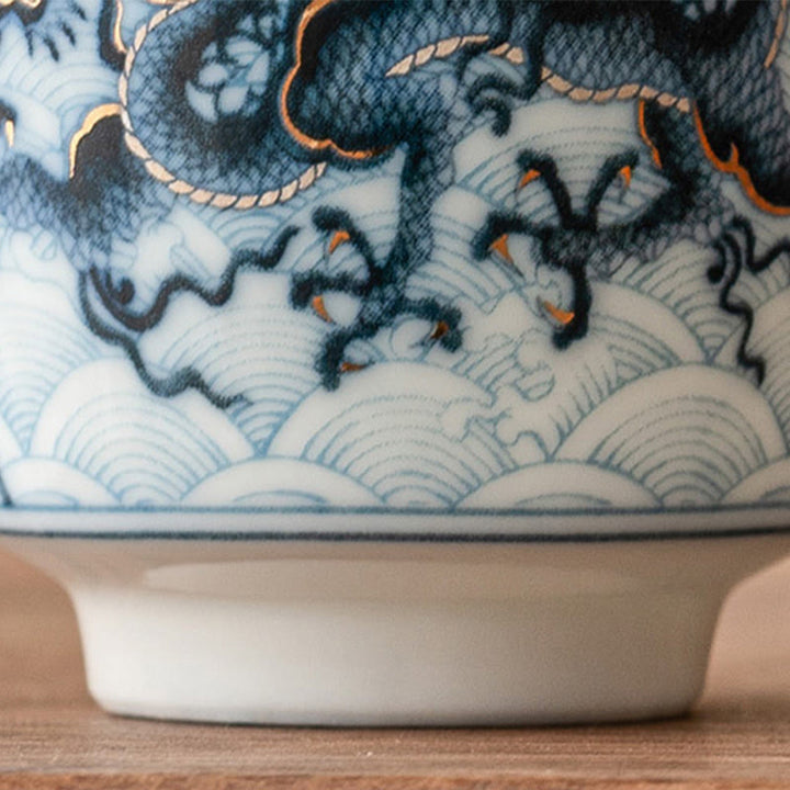 Tazas de té de cerámica con diseño de dragón blanco y azul pequeño de Buddha Stones, tazas de té de Kung Fu de 45ml