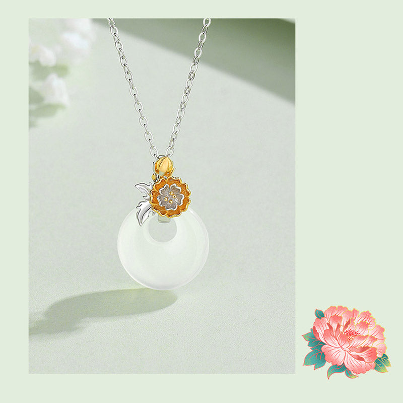 Colgante de collar de armonía de flores de doce meses de calcedonia redonda de plata de ley 925 con Buddha Stones