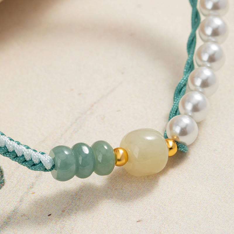 Pulsera de abundancia de perlas de cuerda trenzada de jade hetiano de plata de ley 925 con Buddha Stones