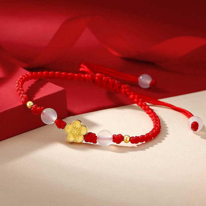 Pulsera de cuerda roja de la suerte con cuentas de calcedonia, cereza, flor de melocotón, Plata de Ley 925 hecha a mano con Buddha Stones