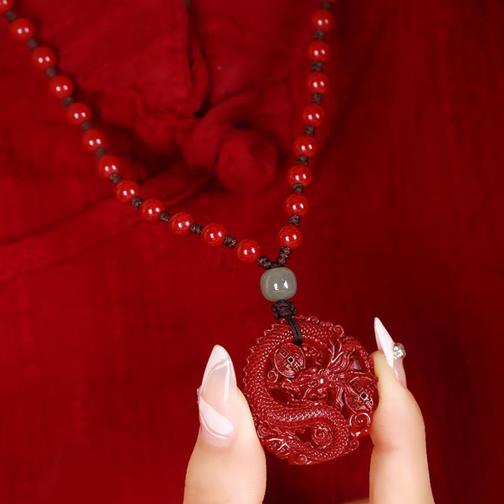 Buddha Stones Año del Dragón Natural cinabrio Hetian Jade cuenta moneda de cobre atraer riqueza collar colgante