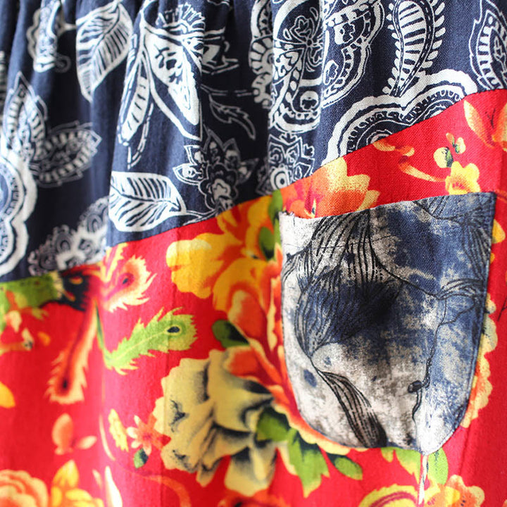 Pantalones bombachos de lino y algodón con retazos de flores de peonía azul y rojo con Buddha Stones y bolsillos
