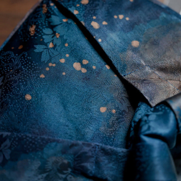 Bolso de mano con asa de madera azul con flor de jacquard hecho a mano con Buddha Stones