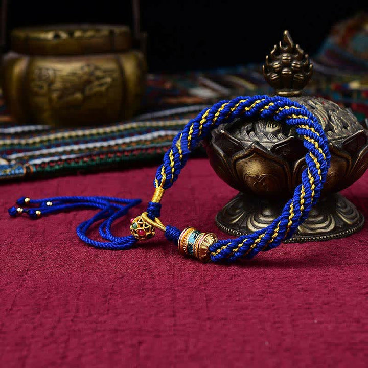 Pulsera de cuerda tejida con dije de rueda de oración Thangka de la suerte hecha a mano tibetana con Buddha Stones