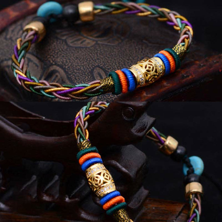 Pulsera de cuerda tejida con moneda de cobre hecha a mano con nudo de ocho hilos, Buddha Stones tibetanas - image 7