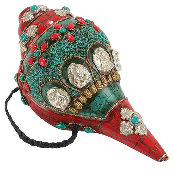 Tibetano hecho a mano Shankha Om Mani Padme Hum Buda Avalokitesvara turquesa Concha decoración positiva