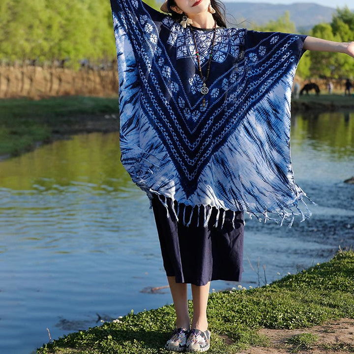Buddha Stones azul rayas floral índigo teñido chal borlas acogedor jersey 90*95 cm