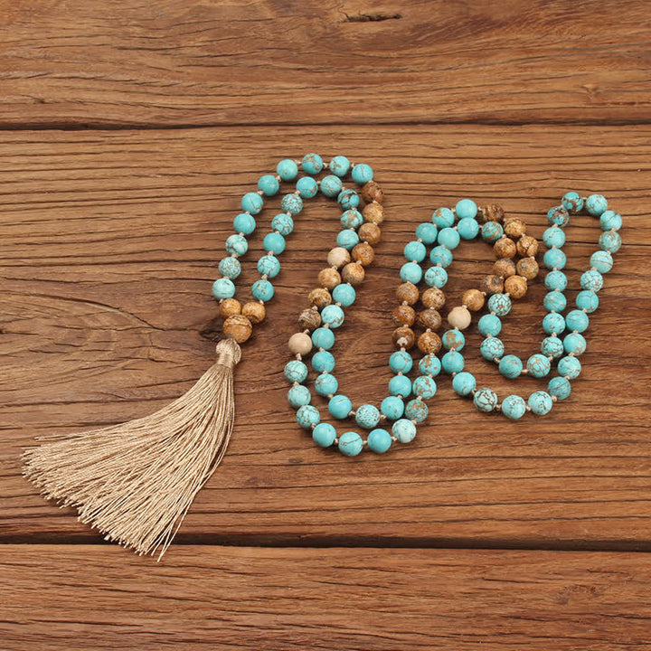Pulsera con borlas de sabiduría de jaspe con imagen turquesa de 108 cuentas Mala