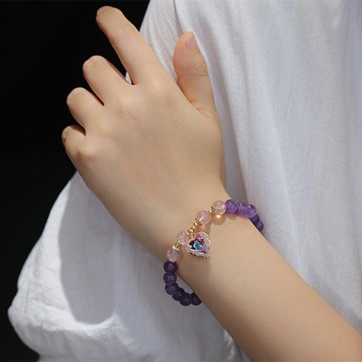 Pulsera de la fortuna de cristal de cuarzo fresa y amatista natural