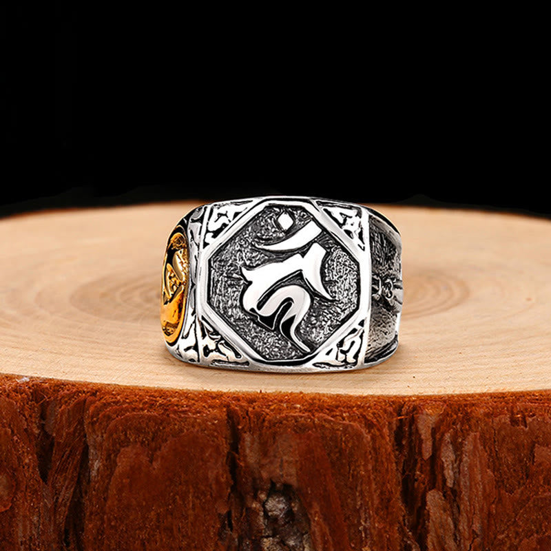 Anillo ajustable de protección tallada con diseño sánscrito de plata de ley 925 con Buddha Stones