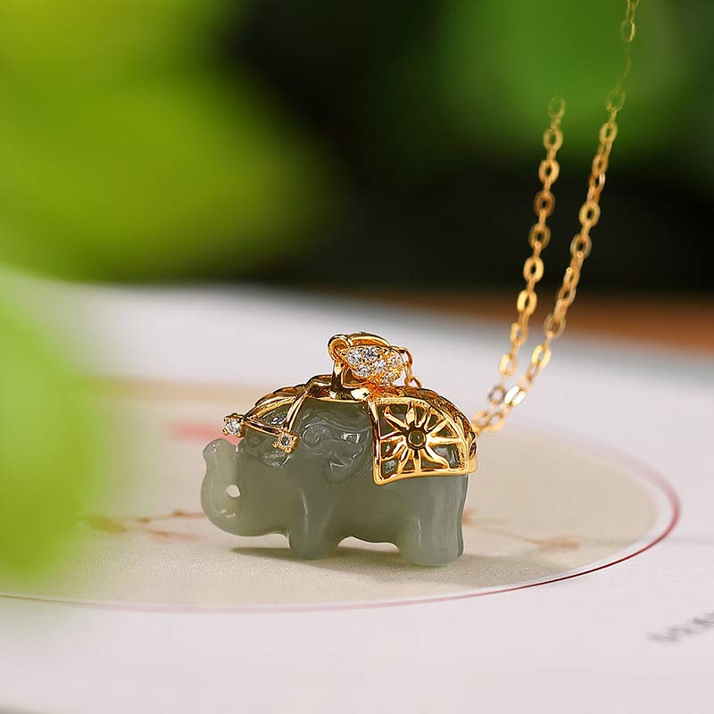 Buddha Stones Plata de Ley 925 Jade Elefante Bendición Fortuna Collar Colgante de Cadena - image 1