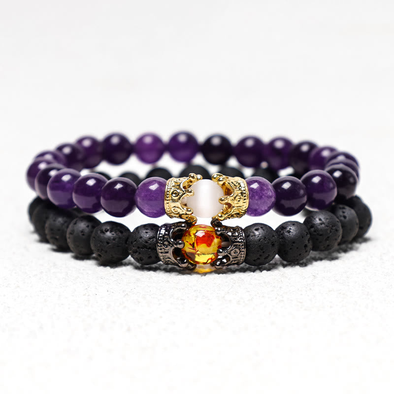 Buddha Stones Piedra Natural Rey y Reina Corona Curativa Cuentas de Energía Pulsera de Pareja