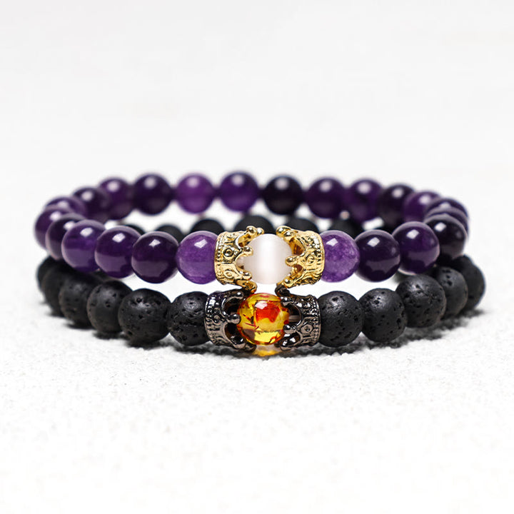 Buddha Stones Piedra Natural Rey y Reina Corona Curativa Cuentas de Energía Pulsera de Pareja