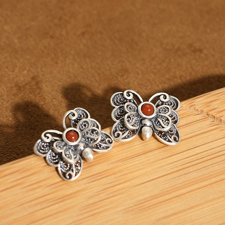 Juego de pendientes de anillo de autoaceptación de mariposa de ágata roja de plata de ley 925 con Buddha Stones