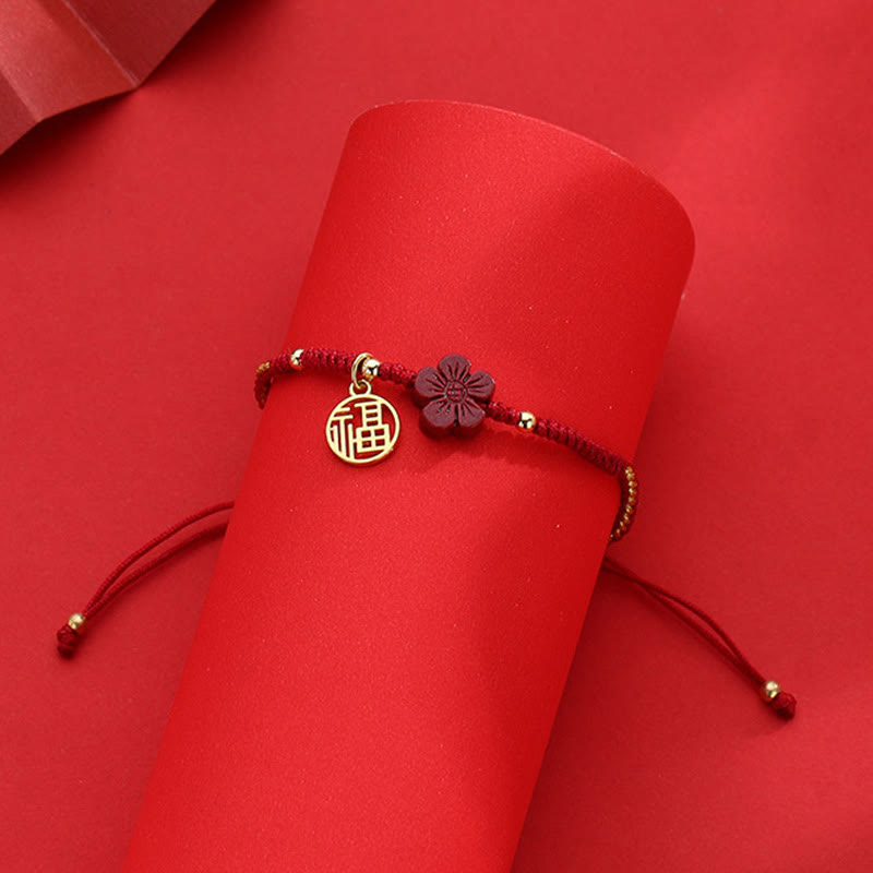 Pulsera de hilo trenzado con Buddha Stones, flor de cinabrio, carácter Fu, bendición