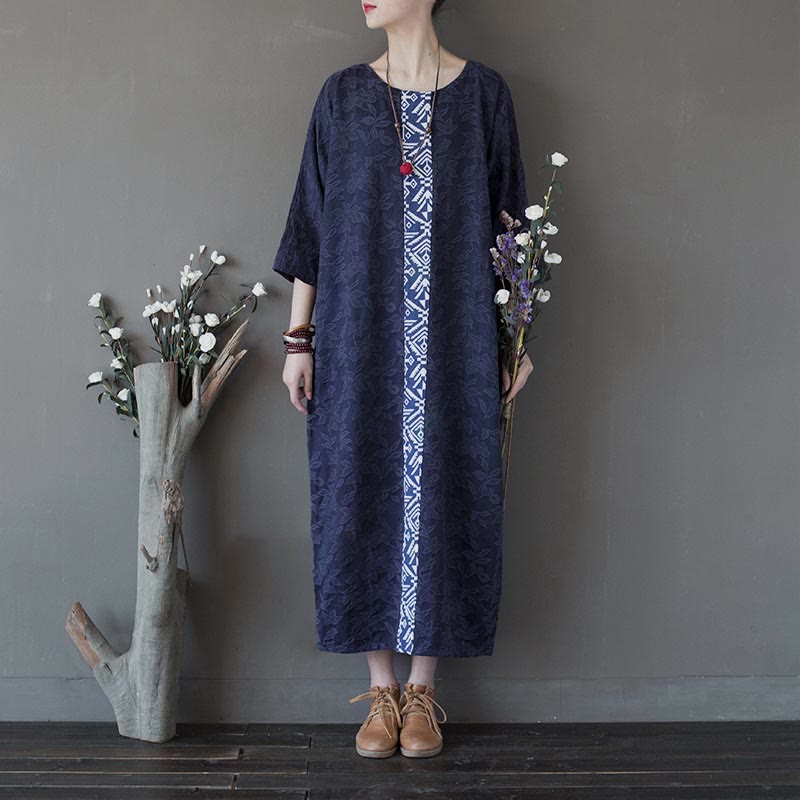 Vestido midi de jacquard con bordado de flores azules y Buddha Stones Vestido de algodón con manga tres cuartos y bolsillos