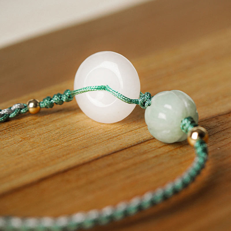 Pulsera trenzada de bendición de la suerte con cuentas de calabaza y hebilla de la paz de jade blanco con Buddha Stones