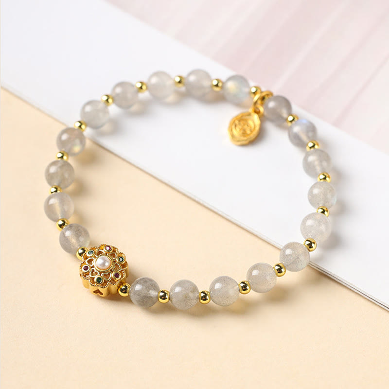 Buddha Stones chapadas en oro de 14 quilates, cuarzo fresa natural, labradorita, piedra solar, personaje Fu, pulsera con dije positivo