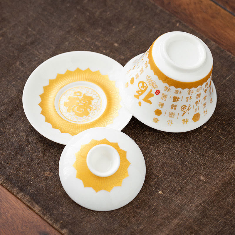 Taza de té y platillo con tapa, taza de té de cerámica Gaiwan, Sutra de corazón budista con Buddha Stones, pequeño personaje Fu