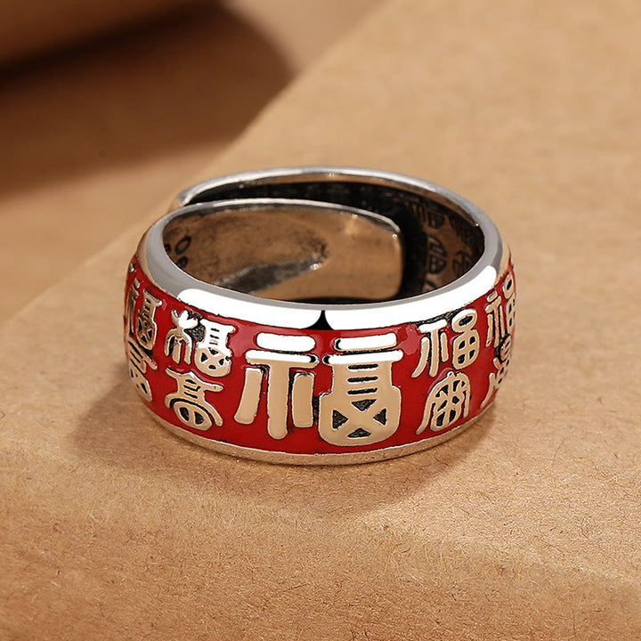 Anillo ajustable de cobre con diseño de personajes de Buddha Stones Fu Fortune Luck