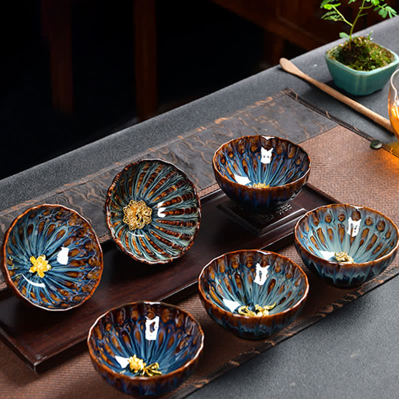 Tazas de té de cerámica con incrustaciones de Buddha Stones , loto, pavo real, dragón, fénix, pez koi, 120 ml