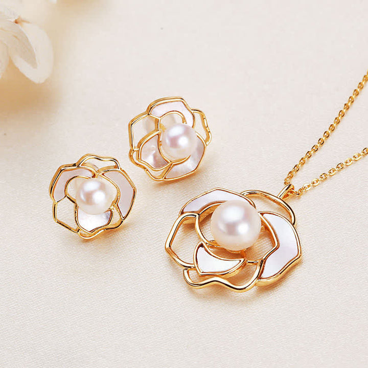 Pendientes con colgante de collar de felicidad con diseño de camelia y perlas de plata de ley 925 con Buddha Stones