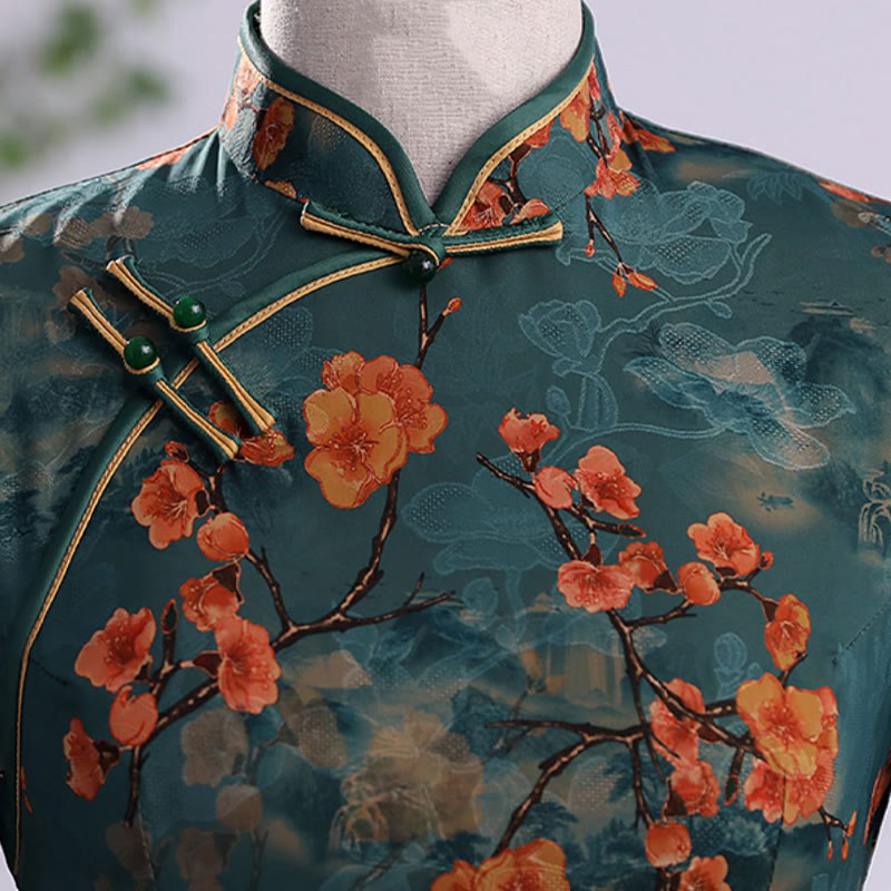 Vestido Cheongsam para mujer con estampado de plumas de peonía y flor de loto Retro con Buddha Stones - image 7