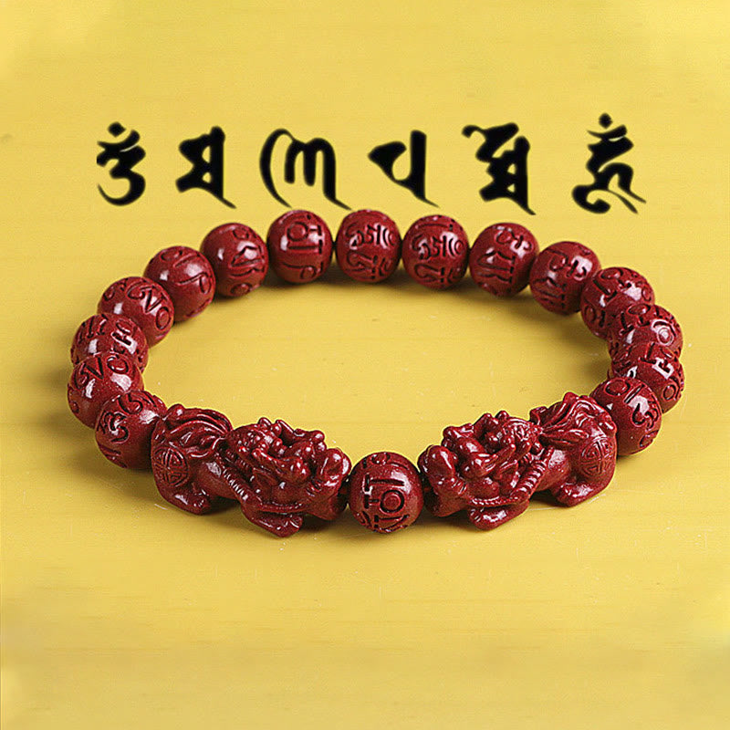 Pulsera de cuentas de cinabrio PiXiu doble Natural Om Mani Padme Hum riqueza y suerte