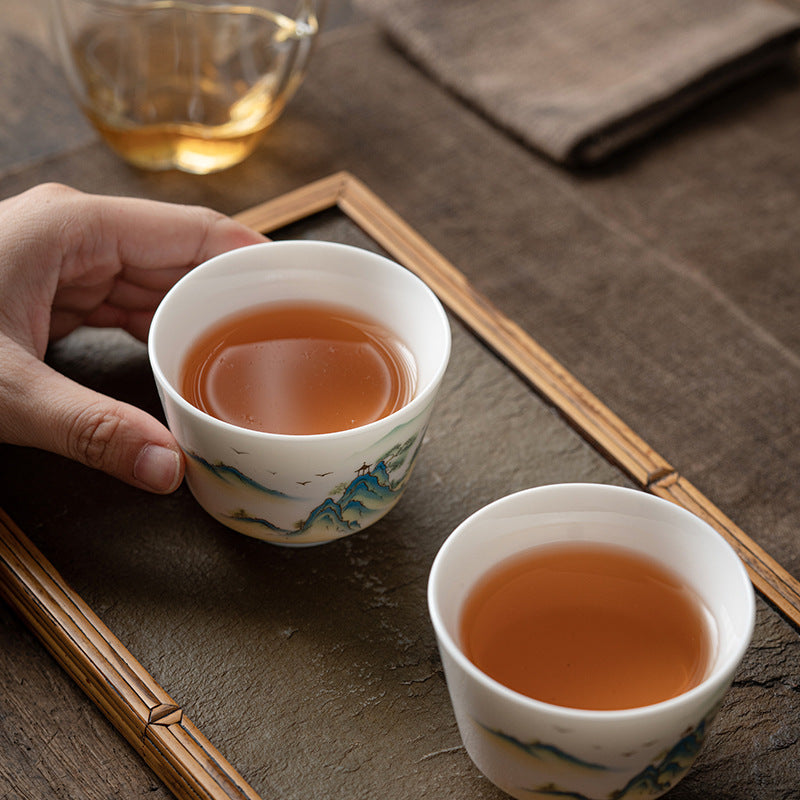 Taza de té de cerámica con Buddha Stones, flor de loto, hoja, montaña, pabellón, alce, peonía, taza de té de Kung Fu