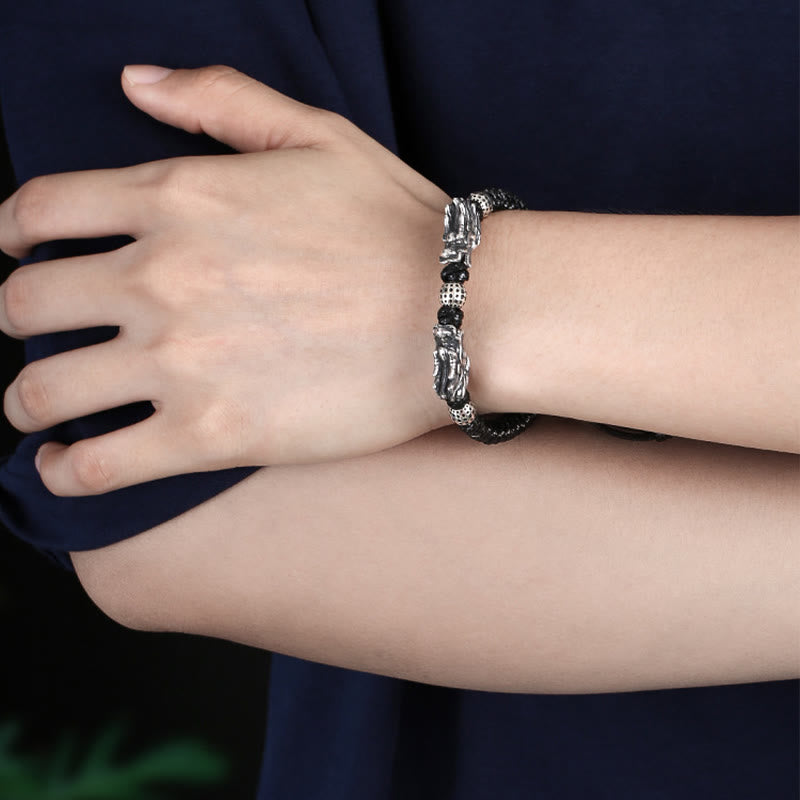 Pulsera trenzada hecha a mano con doble suerte de dragón de plata de ley 999 con Buddha Stones